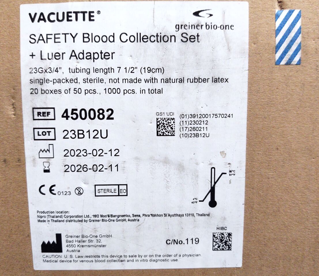 New GREINER BIO ONE 450082 Vacuette SAFETY Blood Collection Set Luer