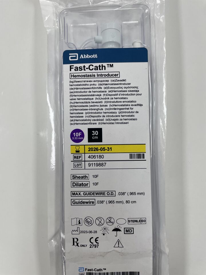 New ABBOTT 406180 Fast Cath Hemostasis Introducer 10F X 30cm