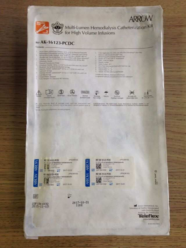 ARROW Multi-Lumen Hemodialysis Catheterization Kit 12Fr 3L .035in x 25cm (X) AK-16123-PCDC