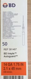 BD 381467 Shielded I.V. Catheter,  Insyte Autoguard 14Ga (50/Box)(X)