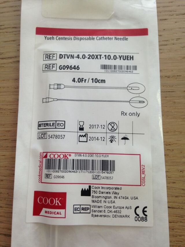 COOK G09646 Yueh Centesis Disposable Catheter Needle  4.0F 10cm (X)