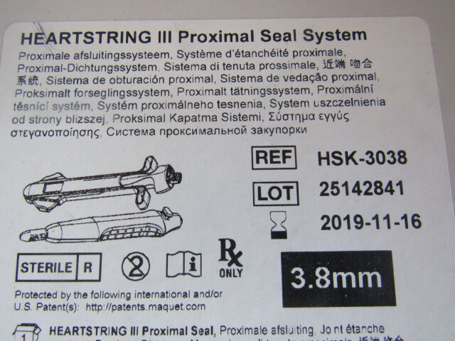 MAQUET Ref: HSK-3038 HEARTSTRING III Proximal Seal System: 3.8mm Exp. 11/2019