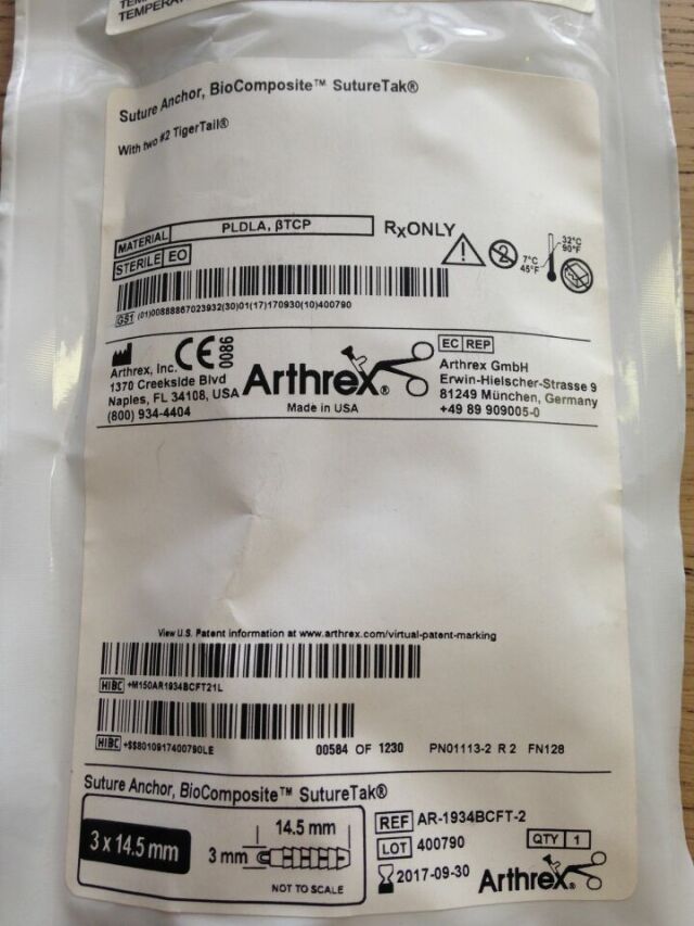 New ARTHREX AR-1934BCFT-2 Suture Anchor, BioComposite SutureTak, 3 x 14 ...