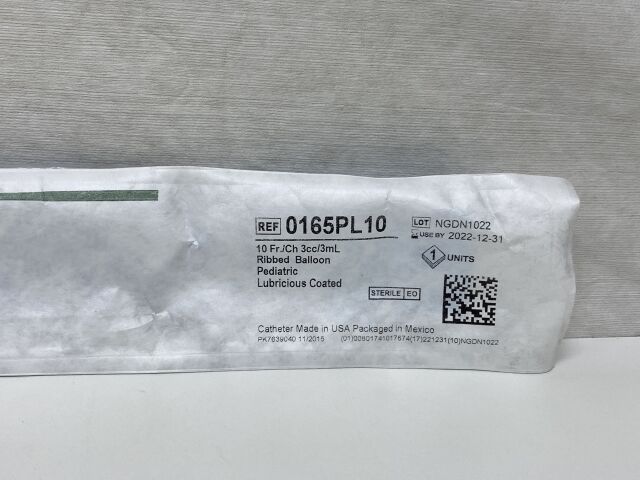 BARD 10Fr/ch  3cc/3mL Ribbed Balloon Pediatric Lubricious 0165PL10 Exp. 12-2022 (#F1) 0165PL10 10Fr/ch 3cc/3mL Ribbed Balloon Pediatric Lubricious