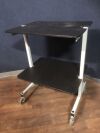 2 Shelf Rolling Equipment Cart:  Steel constructed with solid casters, two of them locking.
Meant for heavy items.
