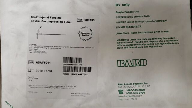 BARD REF: 000733 Jejunal Feeding/Gastric Decompression Tube 12F X 10 Ml (X)