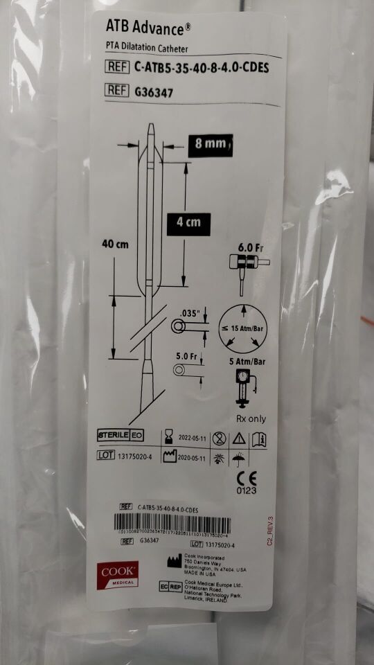 New COOK MEDICAL G36347 ATB Advance Dilatation Catheter 40cm, 8mm, 4cm, 6.0Fr - General For - DOTmed Listing #4382082: