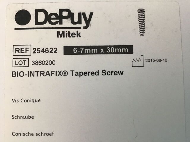 DEPUY MITEK 254622 Bio-Intrafix Tapered Screw 6-7mm x 30mm, Exp 2016 Or Later I1322