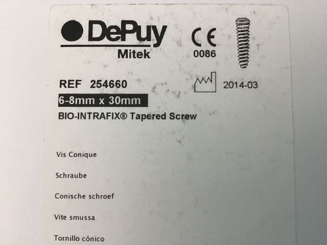 DEPUY MITEK 254660 Bio-Intrafix Tapered Screw 6-8mm x 30mm, Exp 2017 Or Later, I1322