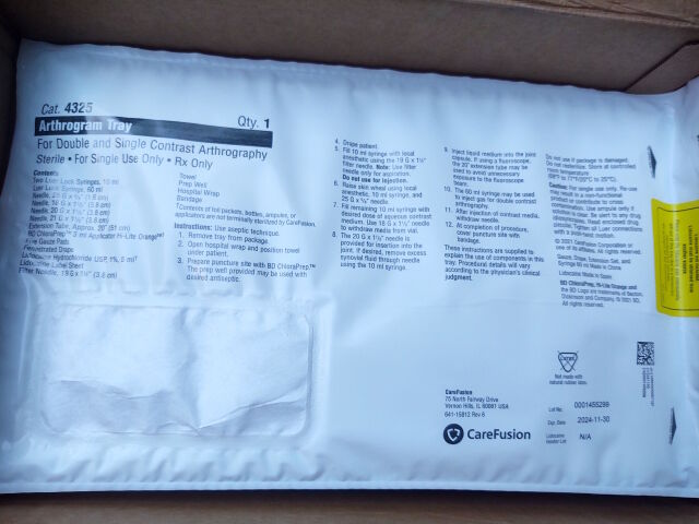 CAREFUSION 4325 Arthrogram Tray For Double and Single Contrast Arthrography Case of 10 (2024/11/30)