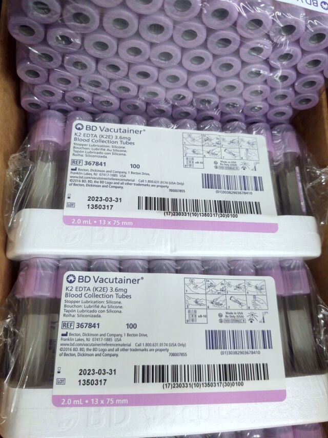 BD 367841 Vacutainer K2 EDTA K2E 3.6mg Blood Collection Tubes 2.0mL - 13x75mm Case of 1,000 - (Expired 2023/03)