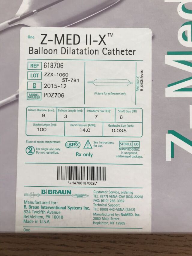 NUMED /Braun 618706 Z-MED II-X Balloon Dilatation Catheter 9mm x 3cm x 100cm (X)