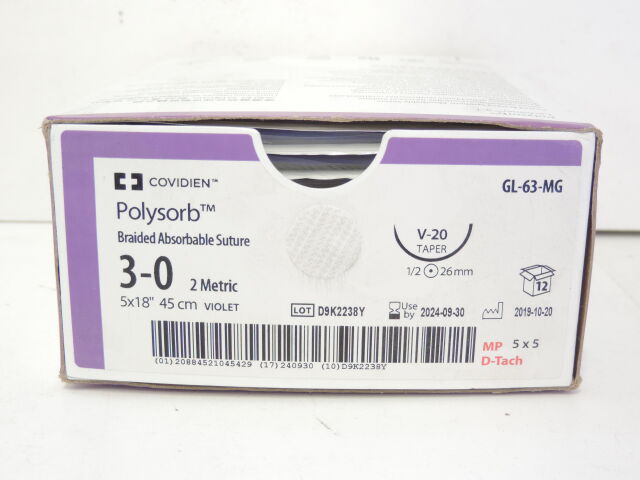 COVIDIEN GL-63-MG POLYSORB 3-0 VIOLET 5 X 18" V-20 TAPER (5 SUTURES PER PACKET - D-TACH) BOX/12 (2024/09/30) Sutures