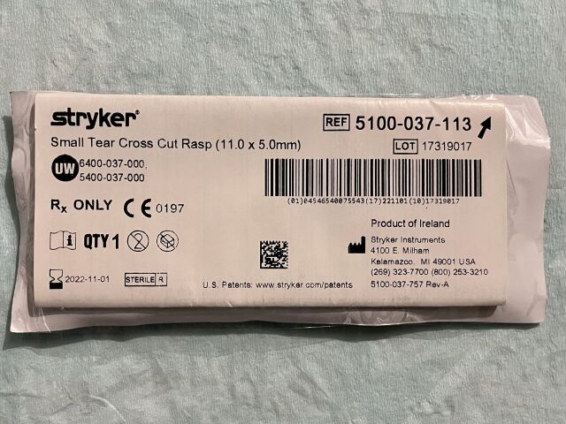 New STRYKER 5100-037-113 SMALL TEAR CROSS CUT RASP: 11.0MM X 5.0MM (x ...