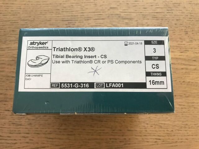 New STRYKER 5531-G-316 Triathlon X3 Tibial Bearing Insert-CS, 3 16mm (X ...
