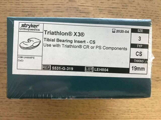 New STRYKER 5531-G-319 Triathlon X3 Tibial Bearing Insert-CS, 3, 19mm ...
