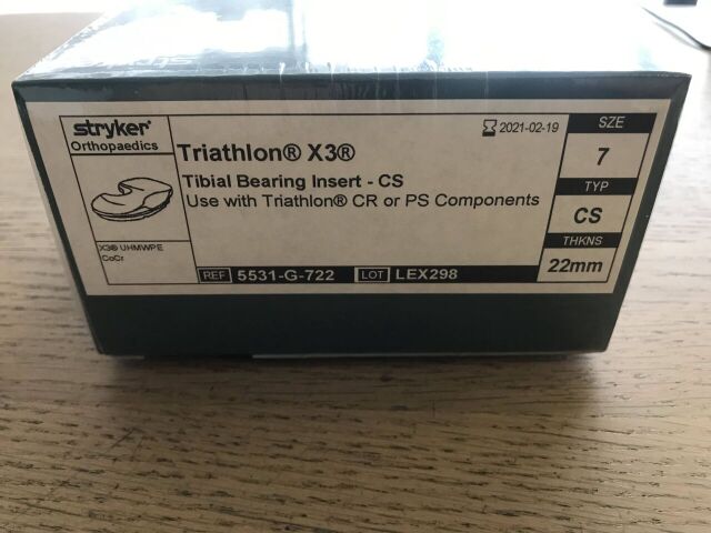 New STRYKER 5531-G-722 Triathlon X3 Tibial Bearing Insert-CS, 7, 22mm ...