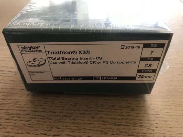 New STRYKER 5531-G-725 Triathlon X3 Tibial Bearing Insert-CS, 7, 25mm ...