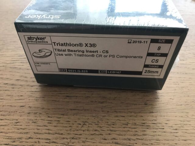 New STRYKER 5531-G-825 Triathlon X3 Tibial Bearing Insert-CS, 8, 25mm ...