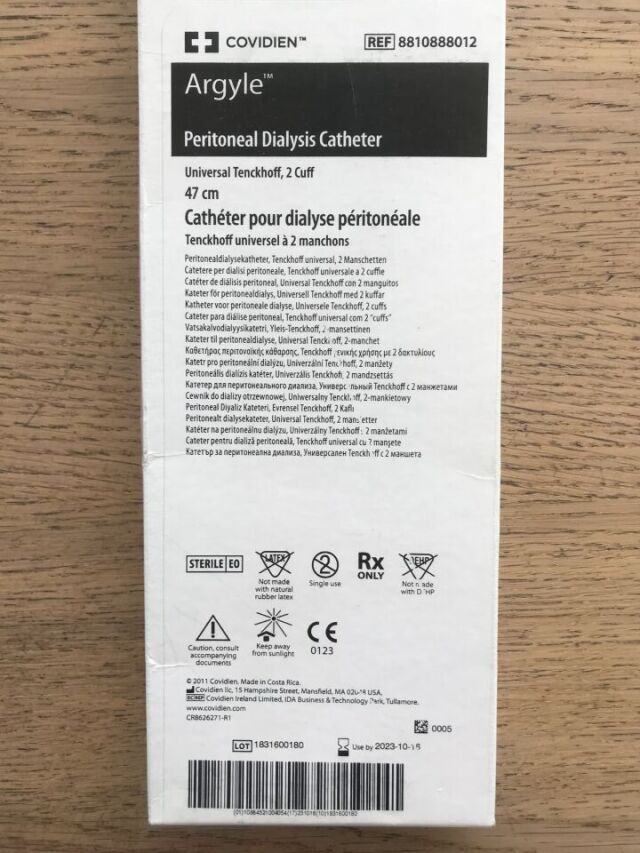 COVIDIEN 8810888012 Argyle Peritoneal Dialysis Catheter Universal Tenckhoff, 2 Cuff 47cm