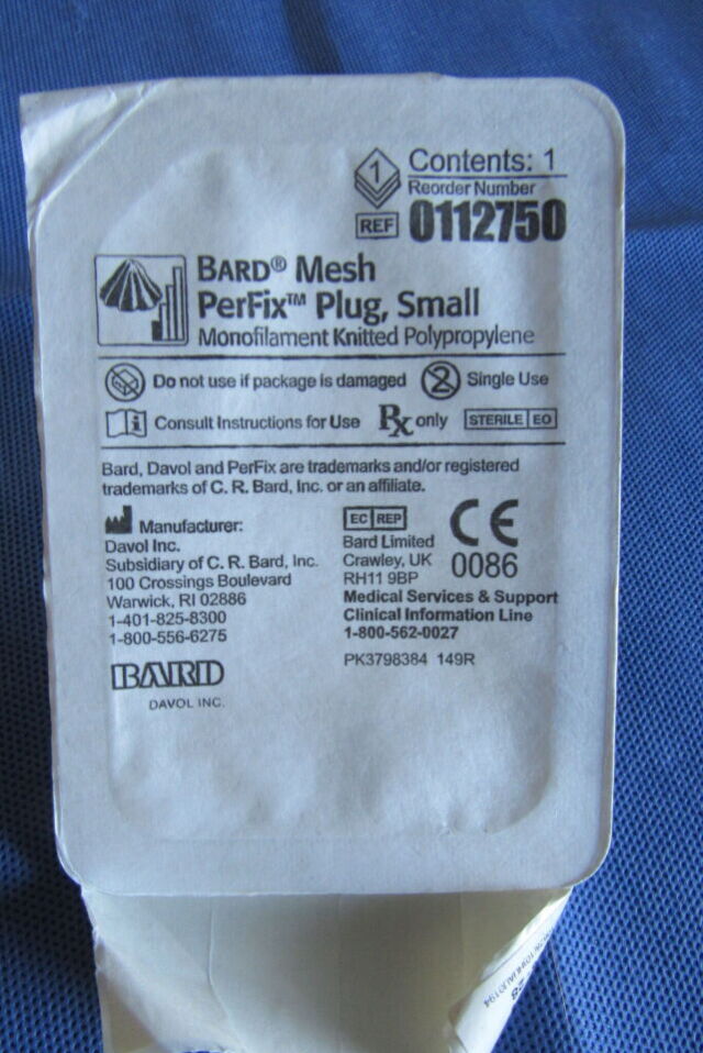 BARD Ref: 0112750 Mesh Perfix Plug Small Monofilament Knitted Polypropylene, Exp. 06/2021