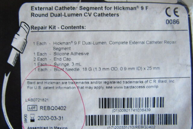 BARD Ref: 0601700 External Catheter Segment for Hickman 9F Round Dual Lumen CV Catheter Repair Kit, Exp.  03/2020