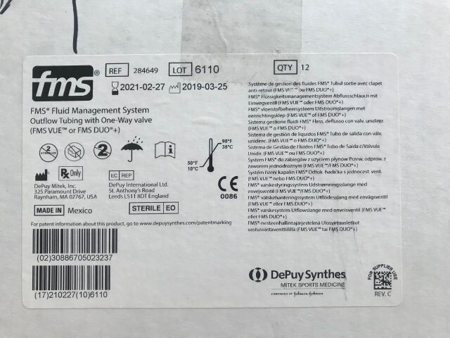 DEPUY 284649 FMS Fluid Management System Outflow Tubing w/One-Way Valve (12/Case)(X)