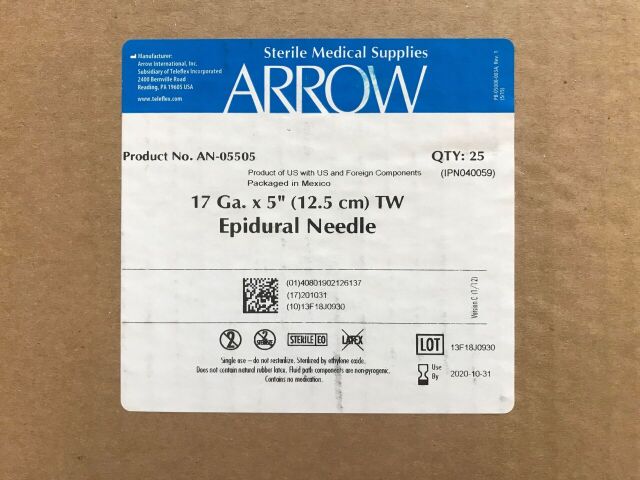 ARROW AN-05505 Epidural Needle 17Ga x 5in (25/Box)(X)