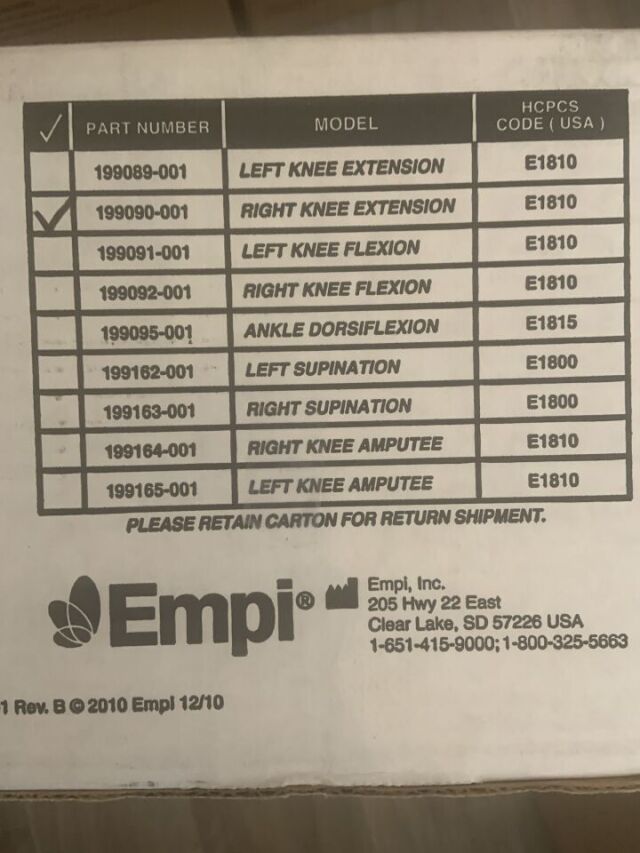 EMPI 199090-001 Advance Dynamic ROM Right Knee Extension Splint.