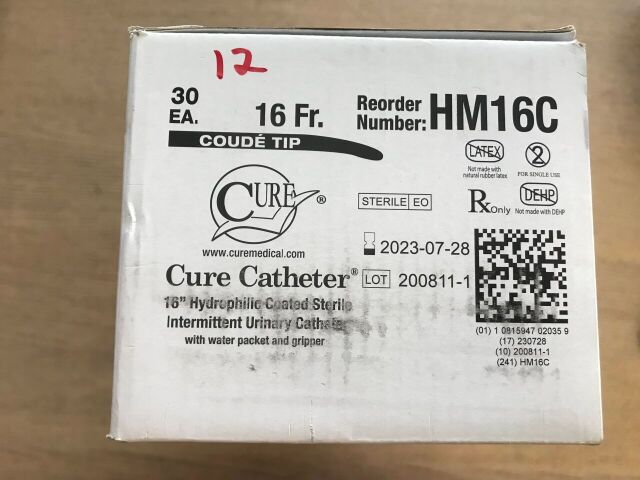 CURE MEDICAL HM16C Cure Catheter Intermittent Urinary Catheter w/ Funnel End Coude Tip 16F (30/Box)