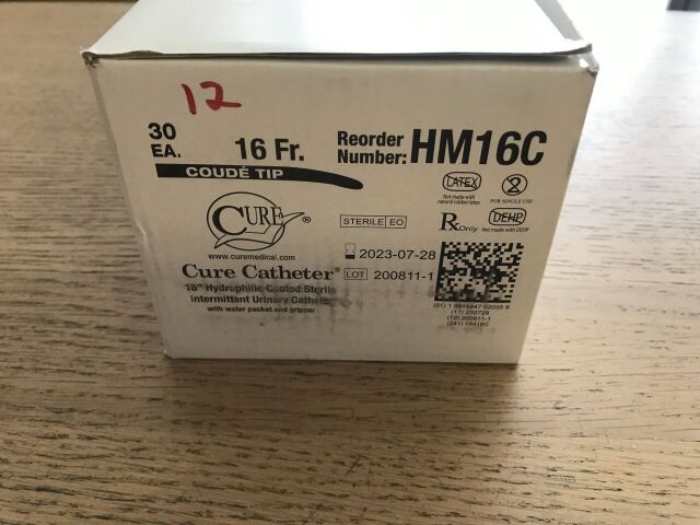 CURE MEDICAL HM16C Cure Catheter Intermittent Urinary Catheter w/ Funnel End Coude Tip 16F (30/Box)