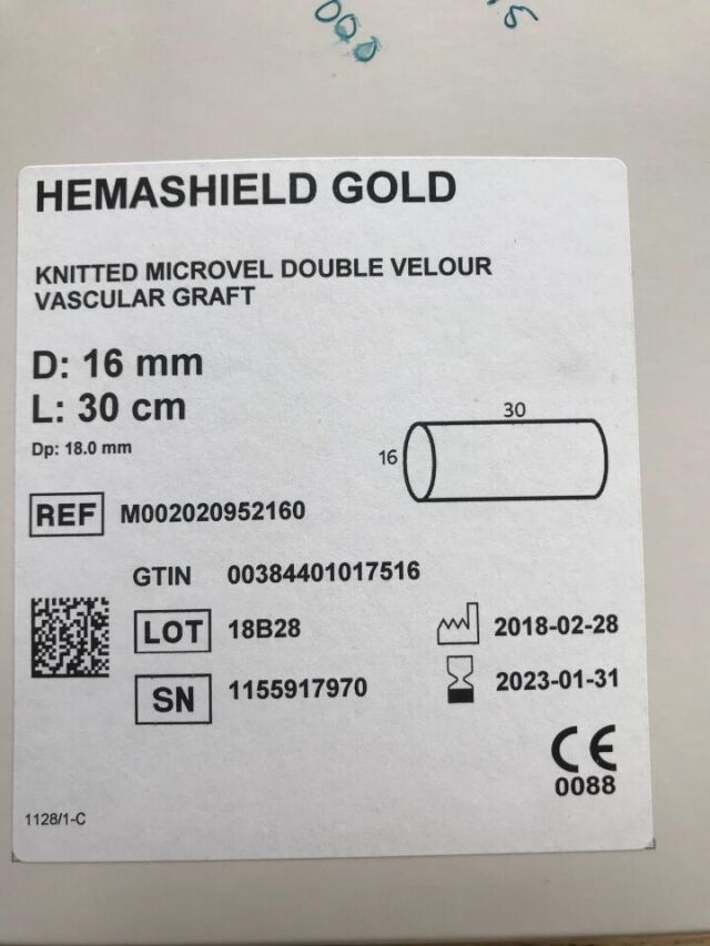 MAQUET M002020952160 Hemashield Gold Knitted Microvel Double Velour Vascular Graft D: 16, L: 30cm (X)