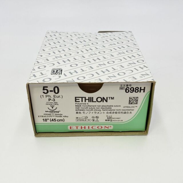 ETHICON 698H Ethilon Polyamide Nylon Suture, P-3 13mm, 3/8 Circle Needle, Size 5-0, Non-Absorbable