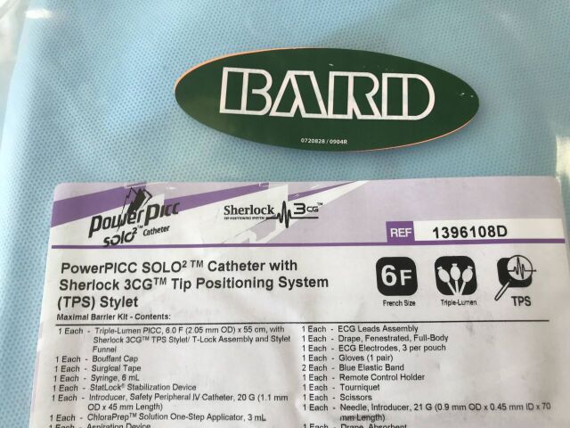 BARD 1396108D PowerPICC Solo2 Catheter with Sherlock 3CG Tip Positioning System Stylet 6F Triple Lumen (X)