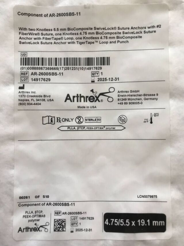 ARTHREX AR-2600SBS-11 Component of AR-2600SBS-11 with Two Knotless 5.5mm Biocomposite SwiveLock Suture Anchors