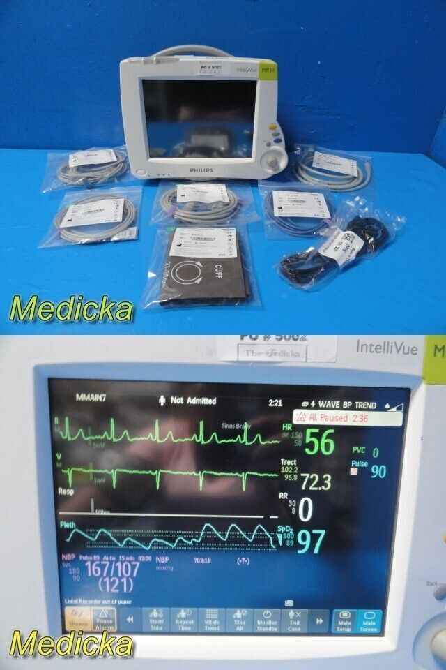 PHILIPS MP30 ,W/ M3001A Module Nellcor SpO2 & Leads, Print ~Patient Monitor