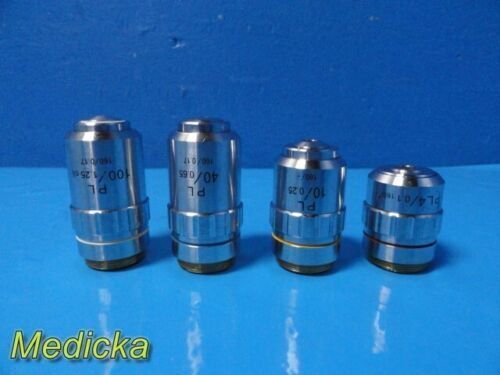 Lot of 4 Microscope Objectives (PL100/1.25, 40/0.65, 10/0.25, 4/0.1)