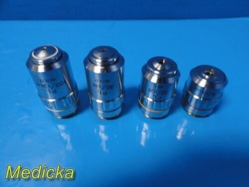 Lot of 4 Microscope Objectives (PL100/1.25, 40/0.65, 10/0.25, 4/0.1)