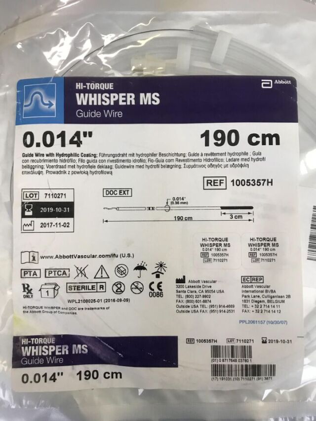 ABBOTT 1005357H Hi-Torque Whisper MS Guide Wire w/ Hydrophilic Coating 0.014in x 190cm (X)