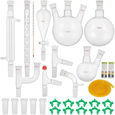 CROSSOCEAN 32PC Set New Glassware 24/40 Lab 32PCS Chemistry Lab Distillation Kit 250 1000ml for Separation Purification