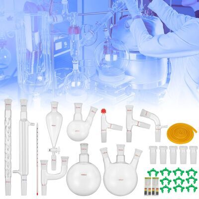 CROSSOCEAN 32PC Set New Glassware 24/40 Lab 32PCS Chemistry Lab Distillation Kit 250 1000ml for Separation Purification