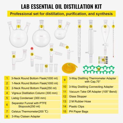 CROSSOCEAN 32PC Set New Glassware 24/40 Lab 32PCS Chemistry Lab Distillation Kit 250 1000ml for Separation Purification