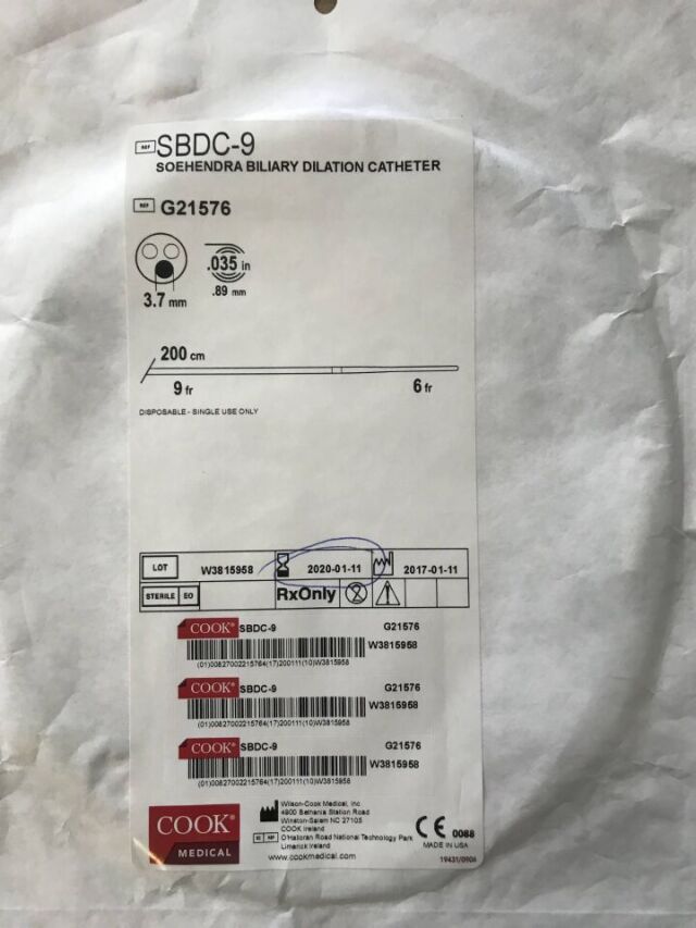 COOK G21576 Soehendra Biliary Dilation Catheter 9F-6F 200cm (X)