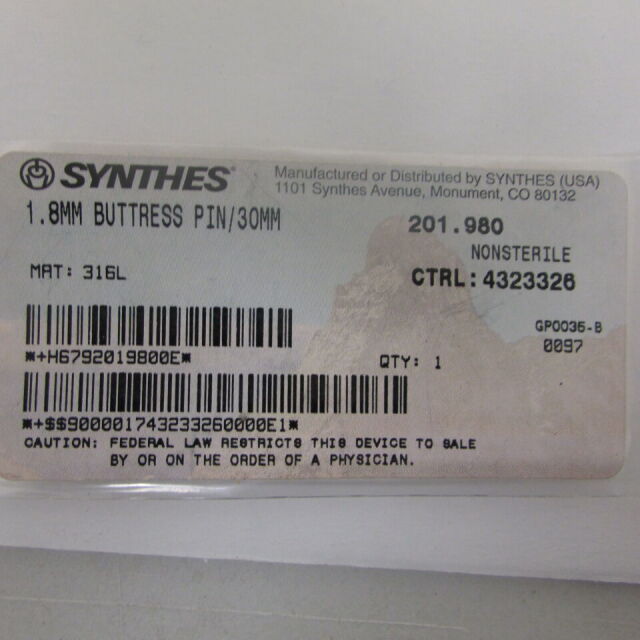 SYNTHES 201.98 1.8MM BUTTRESS PIN/30MM