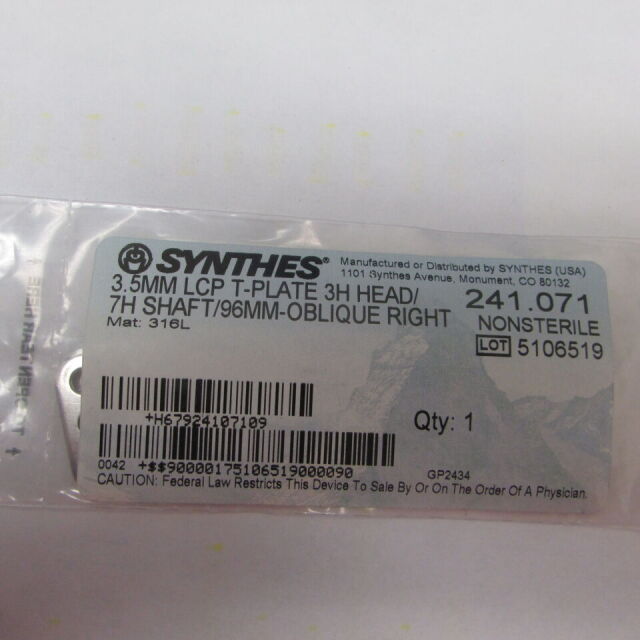 New SYNTHES 241.071 3.5MM LCP T-PLATE 3H HEAD/7H SHAFT/96MM-OBLIQUE ...