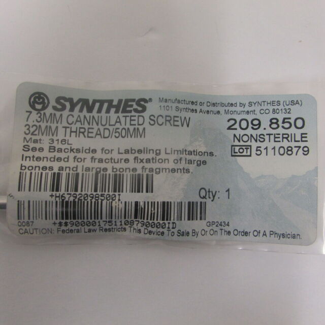 SYNTHES 209.85 7.3MM CANNULATED SCREW 32MM THREAD / 50MM