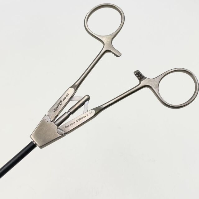 JARIT ( 600-123 ) Winer Grasping Forceps, Cross-Serrated, Disc-Shaped Jaws, In-Line, Ratchet, 14mm Tip, 5mm x 344mm