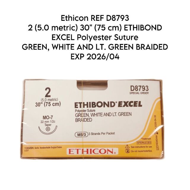 ETHICON REF D8793  2 (5.0 metric) 30" (75 cm) ETHIBOND EXCEL Polyester Suture GREEN, WHITE AND LT. GREEN BRAIDED EXP 2026/04 ( 1 DOZEN )