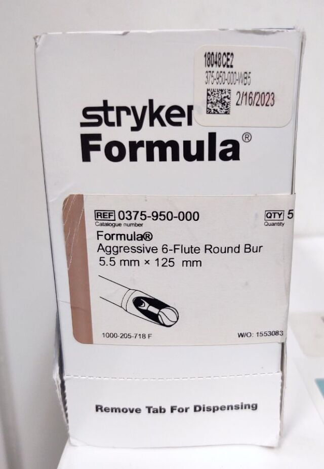 STRYKER 0375-950-000 Formula Aggresive 6 Flute Round Bur 5.5mm x 125mm Arthroscopic Shaver Blade (BOX of 5) Expired 2023/02