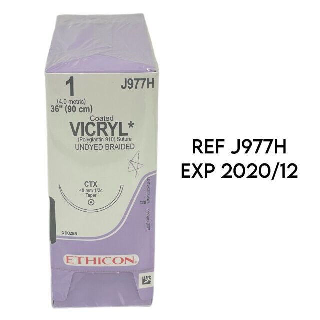 ETHICON REF J977H, 1 (4.0 metric) 36" (90 cm) Coated VICRYL (Polyglactin 910) Suture UNDYED BRAIDED СТХ 48 mm 1/2c Taper, EXP 2020/12 Sutures